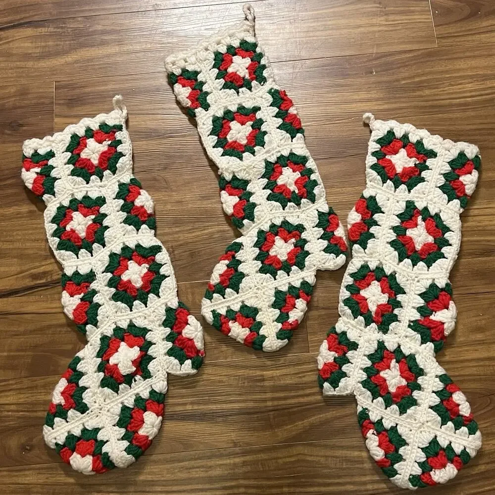 Vintage Lot of 3 Crochet Granny Square Christmas Stockings Red Green White Heels